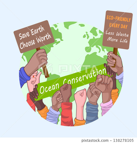 Human hands holding placards and banners. Save the planet. Vector illustration. Human hands holding placards and banners. Save the planet. Vector illustration. 138278105