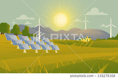 Solar panels in the field. Alternative energy source. Vector illustration. Solar panels in the field. Alternative energy source. Vector illustration. 138278108