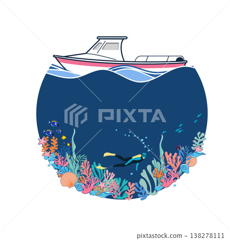 Cruise ship in the sea with corals and algae. Vector illustration 138278111