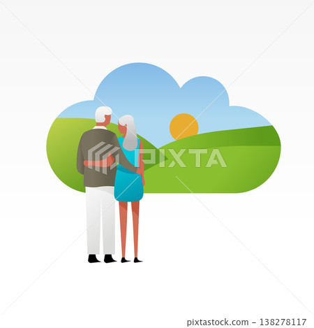 Elderly Couple Embracing and Watching Sunset Through Cloud Window, Retirement Planning and Happy Senior Life Concept, Elderly Couple Embracing and Watching Sunset Through Cloud Window, Retirement Planning and Happy Senior Life Concept, 138278117