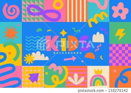 Kids background, fun hand drawn doodle shapes and squiggles in childish style on geometric background. Colorful drawings, collage elements. Childish design for packaging, wallpaper and print. Vector 138278142