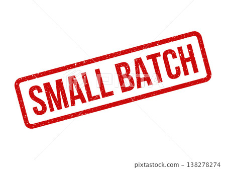 Red grunge rubber stamp illustration featuring the prominent text SMALL BATCH inside a rectangular frame, indicating limited production quality 138278274