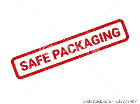 Red distressed rubber stamp featuring Safe Packaging for secure product delivery and logistics standards during shipping Red distressed rubber stamp featuring Safe Packaging for secure product delivery and logistics standards during shipping 138278407