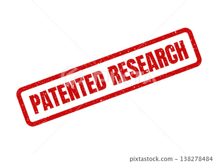 Red distressed rubber stamp with grunge texture prominently displaying the important words Patented Research 138278484