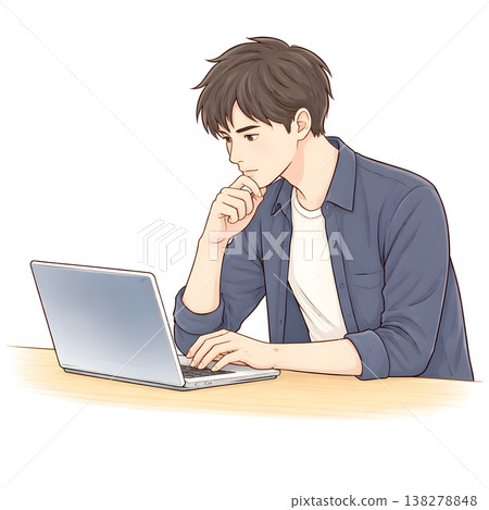 一位男工程師正全神貫注地看著程式碼螢幕（簡單的手繪插圖） 138278848