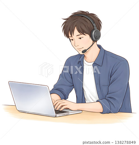 一位戴著耳機遠距工作的男性工程師（簡單的手繪插圖） 138278849