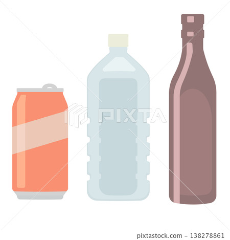Illustrations of recyclable waste such as empty cans, empty plastic bottles, and empty glass bottles. Illustrations of recyclable waste such as empty cans, empty plastic bottles, and empty glass bottles. 138278861