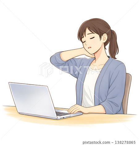 一位女性在遠距辦公時感到疲憊（簡單的手繪插圖） 138278865
