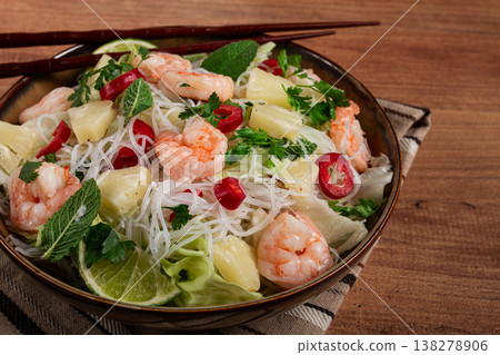 Thai salad with shrimp and rice noodles, pineapple slices, coriander and mint leaves, homemade , no people, Thai salad with shrimp and rice noodles, pineapple slices, coriander and mint leaves, homemade , no people, 138278906
