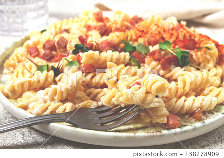 fusilli pasta with cheese and bacon, homemade, no people, 138278909