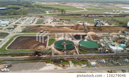 Aerial view of industrial basins tanks and processing facility 138279046