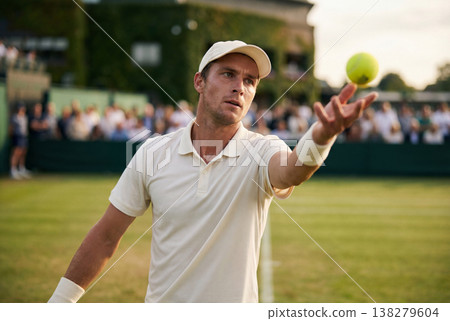 Focused male tennis player prepares to serve on a green grass court Focused male tennis player prepares to serve on a green grass court 138279604