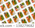 Flat lay pattern of bento box food containers with sushi 138279682