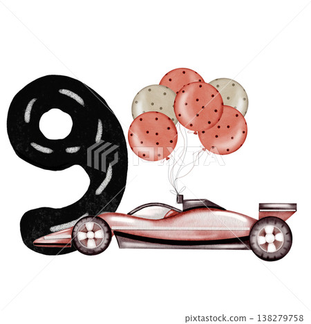 A watercolor racing car with a number card composition. Hand-drawn car template on a white background. Perfect for a racing-themed child's birthday party. A watercolor racing car with a number card composition. Hand-drawn car template on a white background. Perfect for a racing-themed child's birthday party. 138279758