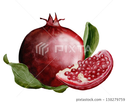 Pomegranate fruit watercolor composition. Realistic botanical illustration on a white background. Perfect for packaging design, organic cosmetics, invitations, and wellness branding. Handmade. Pomegranate fruit watercolor composition. Realistic botanical illustration on a white background. Perfect for packaging design, organic cosmetics, invitations, and wellness branding. Handmade. 138279759