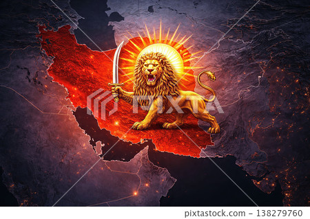 Symbolic persian lion over iran map geopolitical power and identity concept Symbolic persian lion over iran map geopolitical power and identity concept 138279760