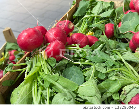 Fresh radish bunches in wooden crates at farmers market with leafy tops and vibrant color. Local agriculture, seasonal produce, organic nutrition, healthy cooking ingredient and farm harvest display 138280040