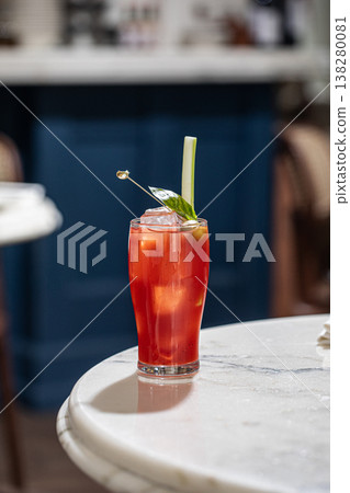 Bloody mary cocktail with celery and olive garnish 138280081