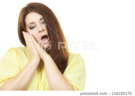 Sleepy calm woman gesturing Sleepy calm woman gesturing 138280176