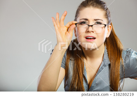 Happy business woman wearing eyeglasses and shirt 138280219