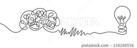 Brain transformation from chaos to idea continuous line illustration with tangled mind turning into light bulb, concept of creativity, insight, problem solving, innovation and business thinking Brain transformation from chaos to idea continuous line illustration with tangled mind turning into light bulb, concept of creativity, insight, problem solving, innovation and business thinking 138280556