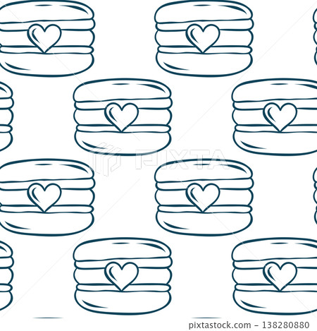 Macaron with heart decoration, simple pattern in Mediterranean blue line style. Hand-drawn romantic French pastry for Valentine's packaging or kitchen textiles Macaron with heart decoration, simple pattern in Mediterranean blue line style. Hand-drawn romantic French pastry for Valentine's packaging or kitchen textiles 138280880