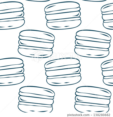 Doodle style seamless pattern with macaron cookies and Mediterranean blue outlines. Clean hand-drawn vector repeat for sweet shop branding or culinary projects Doodle style seamless pattern with macaron cookies and Mediterranean blue outlines. Clean hand-drawn vector repeat for sweet shop branding or culinary projects 138280882
