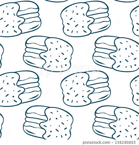 Mediterranean blue line pattern featuring macarons with glossy icing. Simple pastry repeat for patisserie branding or cafe decor Mediterranean blue line pattern featuring macarons with glossy icing. Simple pastry repeat for patisserie branding or cafe decor 138280883