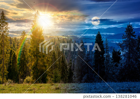 coniferous forest on the grassy slope. day meet night concept. rolling mountain landscape autumn equinox at twilight. dynamic cloudscape above the distant ridge. wanderlust through remote highlands coniferous forest on the grassy slope. day meet night concept. rolling mountain landscape autumn equinox at twilight. dynamic cloudscape above the distant ridge. wanderlust through remote highlands 138281046