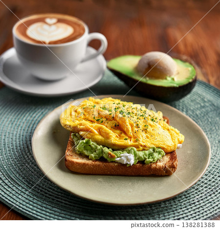 Vibrant Avocado Toast with Cheddar Omelette and Espresso 138281388
