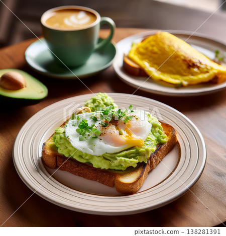 Vibrant Avocado Toast with Cheddar Omelette and Espresso 138281391