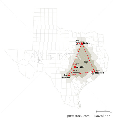 Texas Triangle, a megaregion of the United States, political map with counties. Region containing the five largest cities Dallas, Fort Worth, Houston, San Antonio, and the capital Austin. Vector Texas Triangle, a megaregion of the United States, political map with counties. Region containing the five largest cities Dallas, Fort Worth, Houston, San Antonio, and the capital Austin. Vector 138281456