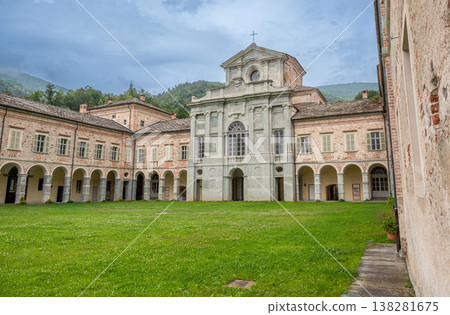 Casotto royal castle, garessio (cuneo). Italy, july 21, 2024. Royal castle of casotto (certosa di casotto) with baroque facade and green cloister courtyard Casotto royal castle, garessio (cuneo). Italy, july 21, 2024. Royal castle of casotto (certosa di casotto) with baroque facade and green cloister courtyard 138281675