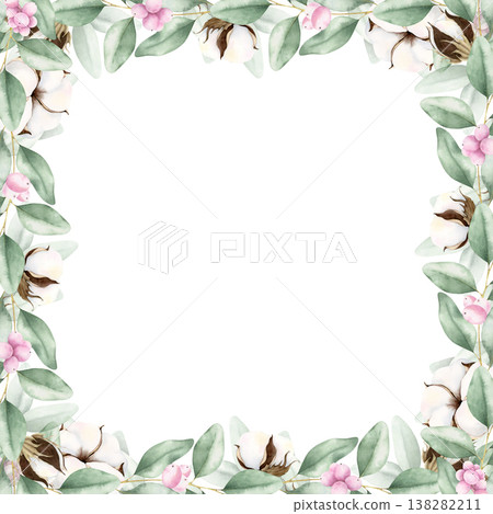 Cotton, eucalyptus leaves and snowberries square frame. Watercolor hand drawn illustration isolated on white. Botanical painting with copy space for greeting cards, wedding invitations, stationery. Cotton, eucalyptus leaves and snowberries square frame. Watercolor hand drawn illustration isolated on white. Botanical painting with copy space for greeting cards, wedding invitations, stationery. 138282211