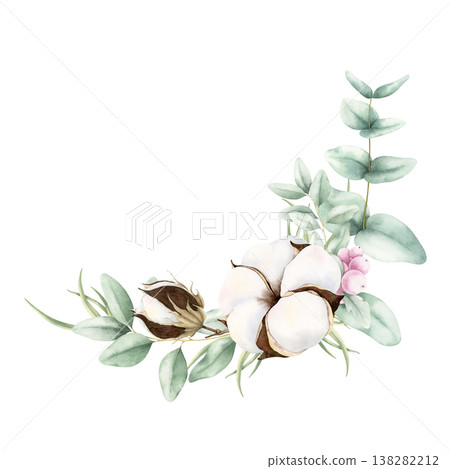 Watercolor cotton, eucalyptus, berries corner composition. Hand drawn botanical illustration isolated on white background. Elegant bouquet for wedding, birthday invitations, greeting cards, design. Watercolor cotton, eucalyptus, berries corner composition. Hand drawn botanical illustration isolated on white background. Elegant bouquet for wedding, birthday invitations, greeting cards, design. 138282212