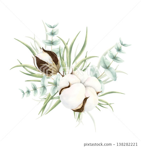 Watercolor cotton bolls and eucalyptus leaves bouquet. Hand drawn botanical illustration isolated on white background. Elegant composition for wedding, birthday invitations, greeting cards, design. Watercolor cotton bolls and eucalyptus leaves bouquet. Hand drawn botanical illustration isolated on white background. Elegant composition for wedding, birthday invitations, greeting cards, design. 138282221