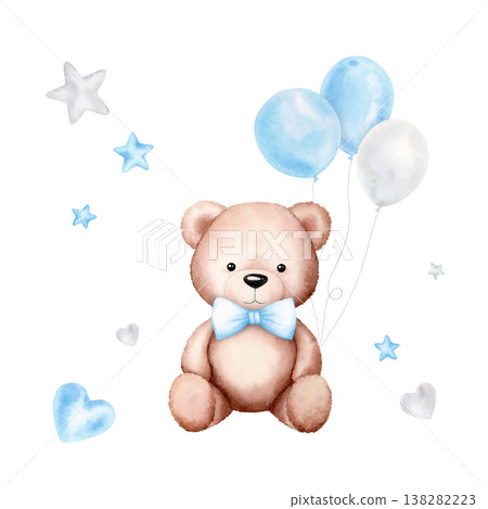 Cute teddy bear with blue balloons, stars, hearts. Hand painted watercolor illustration. Composition isolated on white. For baby shower invitations, greeting cards, birthday design, poster, stationery Cute teddy bear with blue balloons, stars, hearts. Hand painted watercolor illustration. Composition isolated on white. For baby shower invitations, greeting cards, birthday design, poster, stationery 138282223