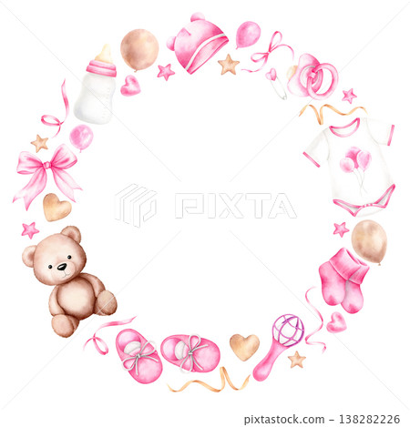 Watercolor girl round frame with bear, bodysuit, bottle, rattle, pacifier, stars in pastel pink tones. Hand painted wreath with copy space isolated on white. For baby shower invitation, newborn design 138282226
