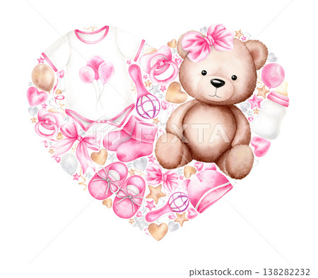 Watercolor baby girl items in heart shape. Pink newborn bodysuit, bottle, pacifier, hearts, stars, teddy bear. Hand painted illustration isolated on white for invitations, birthday cards, stationery. 138282232