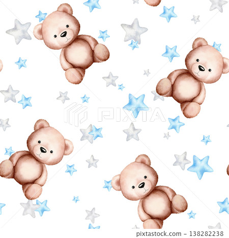 Teddy bear, blue and silver stars seamless pattern for baby. Watercolor hand drawn illustration on white background. Template for textile, clothes design, wallpaper, wrapping paper, prints, stationery Teddy bear, blue and silver stars seamless pattern for baby. Watercolor hand drawn illustration on white background. Template for textile, clothes design, wallpaper, wrapping paper, prints, stationery 138282238