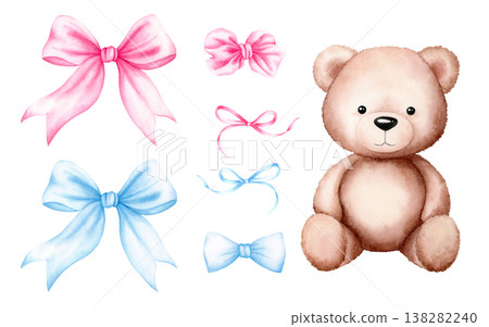 Watercolor hand drawn illustration set with teddy bear, pink and blue ribbon, head bow and bow tie isolated on white. Cute elements for baby shower invitations, birthday, nursery decor, greeting cards Watercolor hand drawn illustration set with teddy bear, pink and blue ribbon, head bow and bow tie isolated on white. Cute elements for baby shower invitations, birthday, nursery decor, greeting cards 138282240