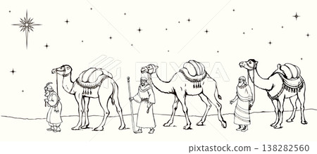 Vector illustration of the Magi approaching Jesus. Vector illustration of the Magi approaching Jesus. 138282560