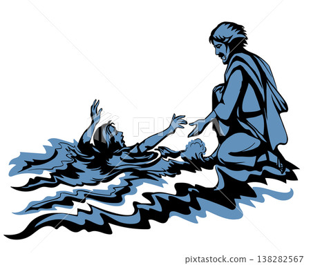 Vector drawing. Jesus helps man in a storm 138282567