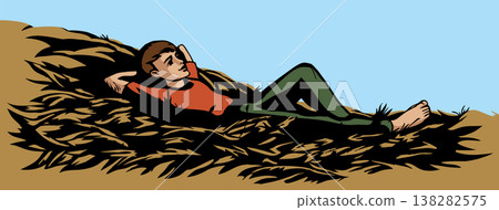 Vector drawing. A boy laying in a hay 138282575