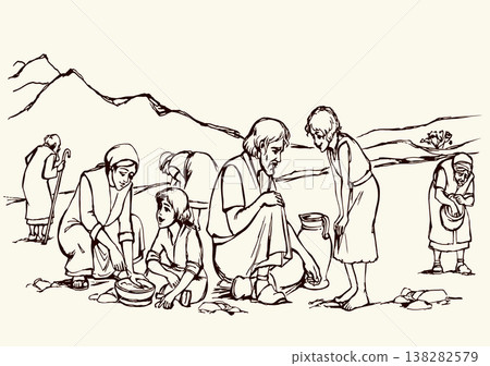 Vector illustration. People collecting manna in the desert. Vector illustration. People collecting manna in the desert. 138282579