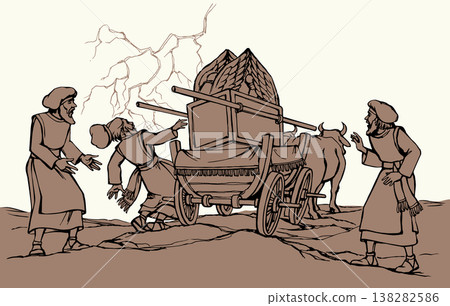 Vector drawing. The ark of the covenant being transported on a wooden cart pulled by two oxens 138282586