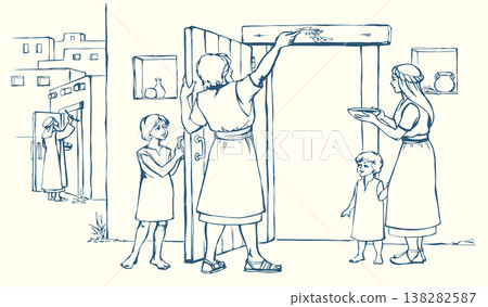 Vector drawing. The family fulfills God's command. Anoints the doorposts with the blood of the lamb 138282587