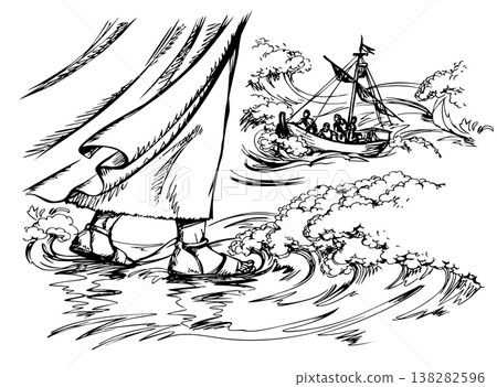 Vector drawing. Jesus walking on waves in a storm Vector drawing. Jesus walking on waves in a storm 138282596