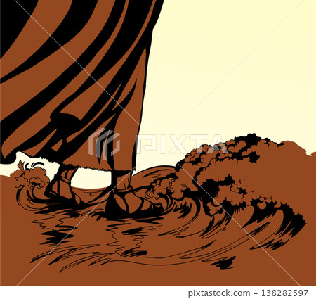 Vector drawing. A man walking on waves in a storm Vector drawing. A man walking on waves in a storm 138282597