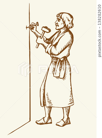 Vector illustration of a man hammering a nail. Vector illustration of a man hammering a nail. 138282610